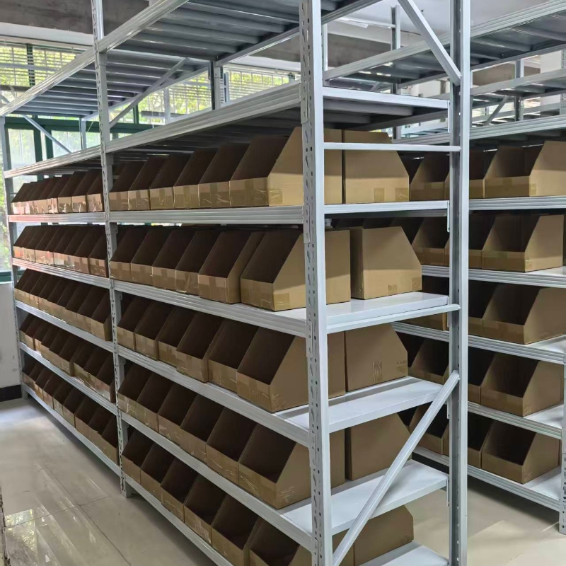 Light-duty slotted angle iron shelving for warehousing