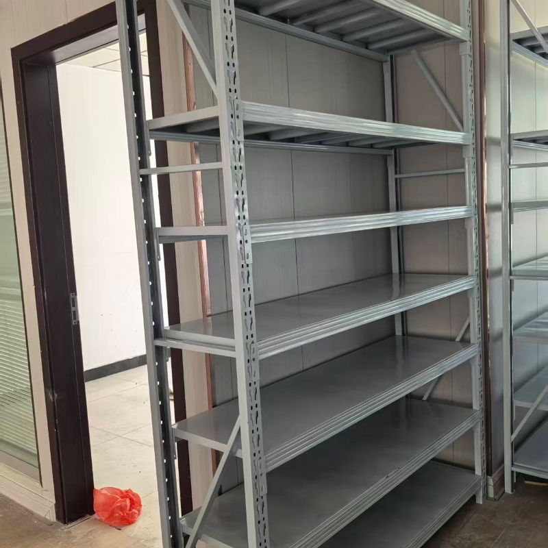 Light-duty slotted angle iron shelving for warehousing